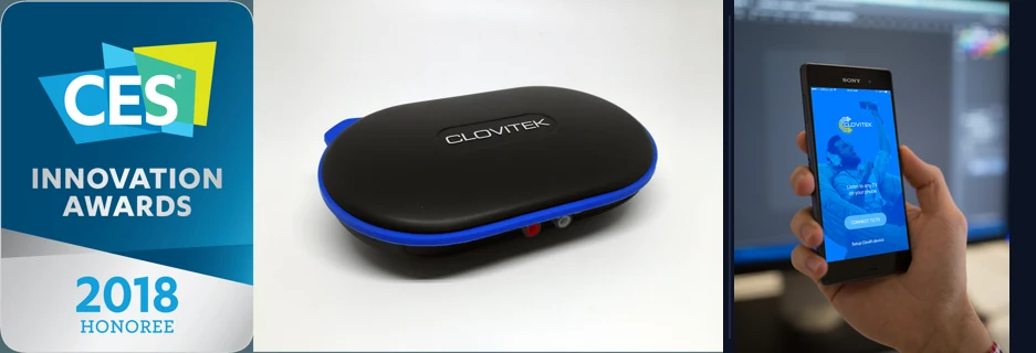 CES 2018 Innovation Awards Honoree badge, the CloviFi device, and the mobile app