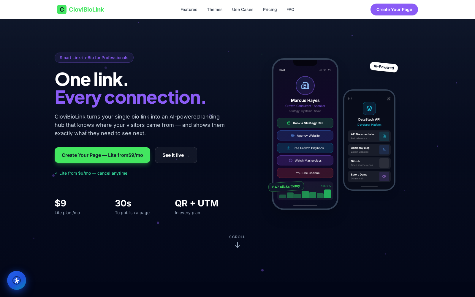 CloviBioLink live builder with a phone preview that updates as you type