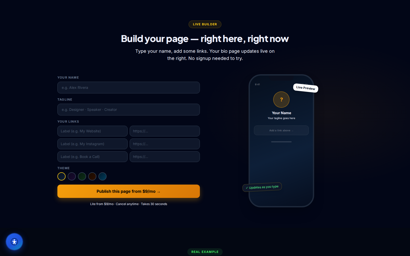 CloviBioLink page editor with avatar, bio, theme picker and live phone preview