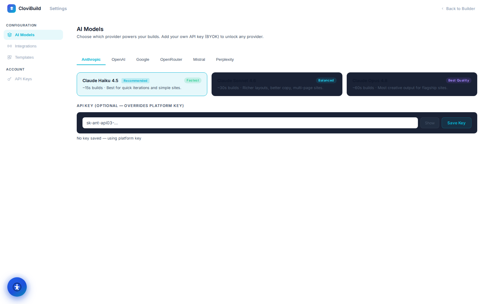 CloviBuild AI builder chat turning a plain-English brief into a full site