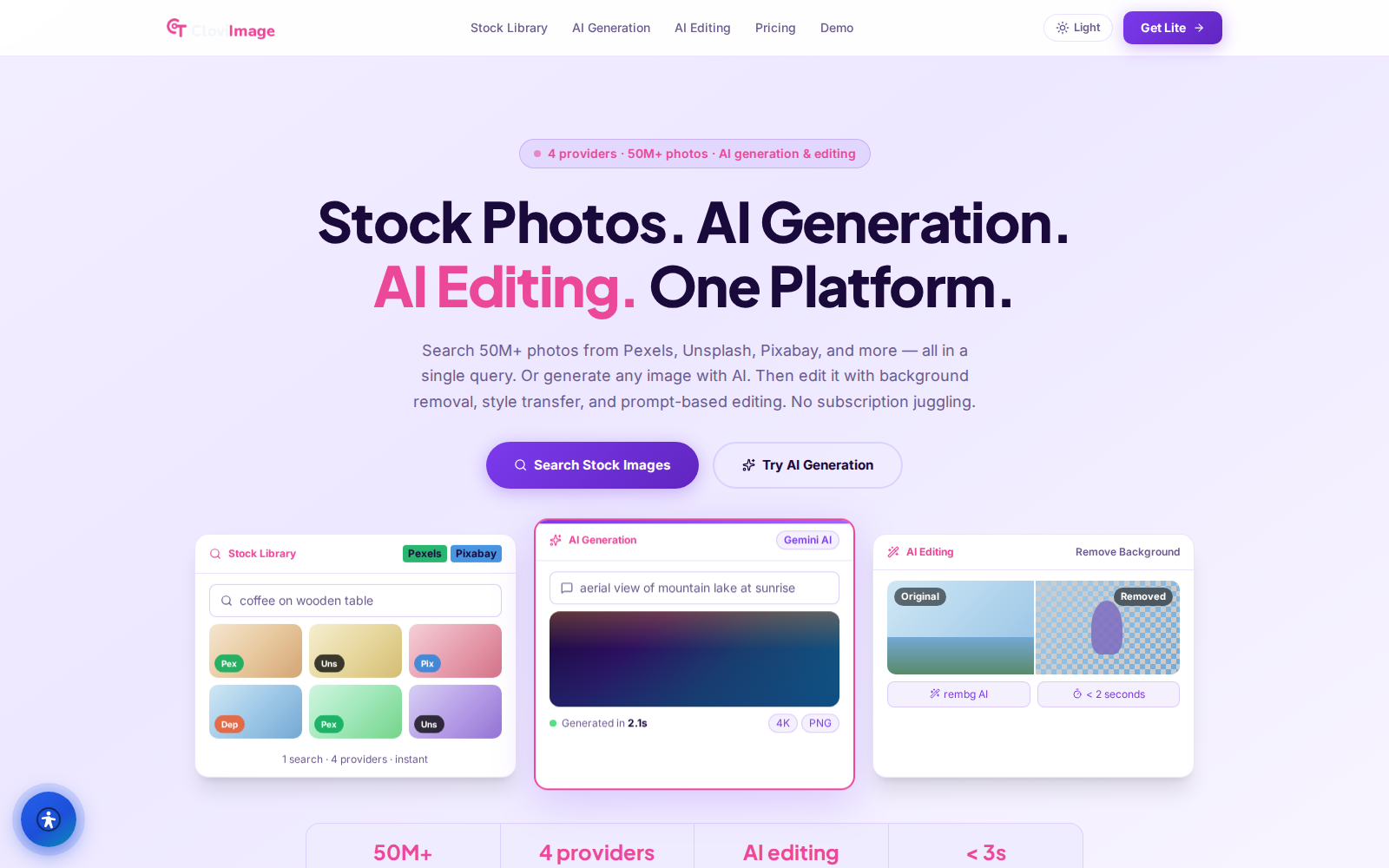 CloviImage live photo search demo — search 50M+ stock photos free across multiple providers with one query box and quick-search tags