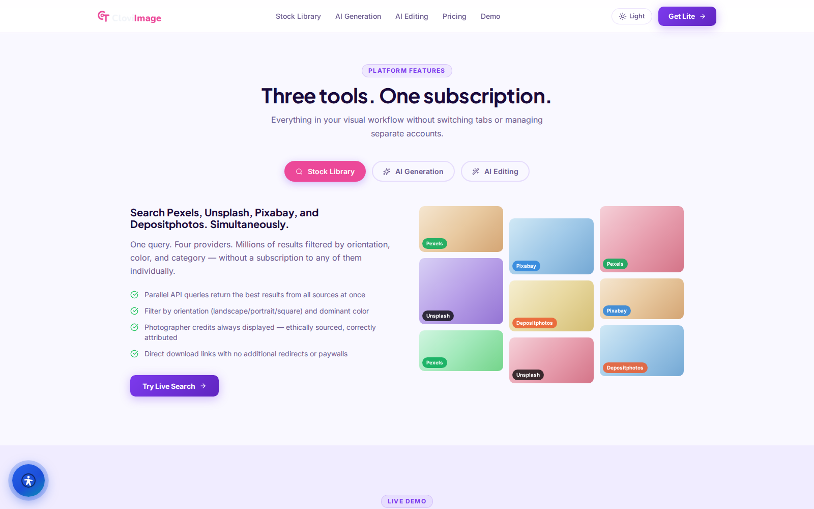 CloviImage platform features — search Pexels, Unsplash, Pixabay, and Depositphotos at once with credited, ethically sourced results