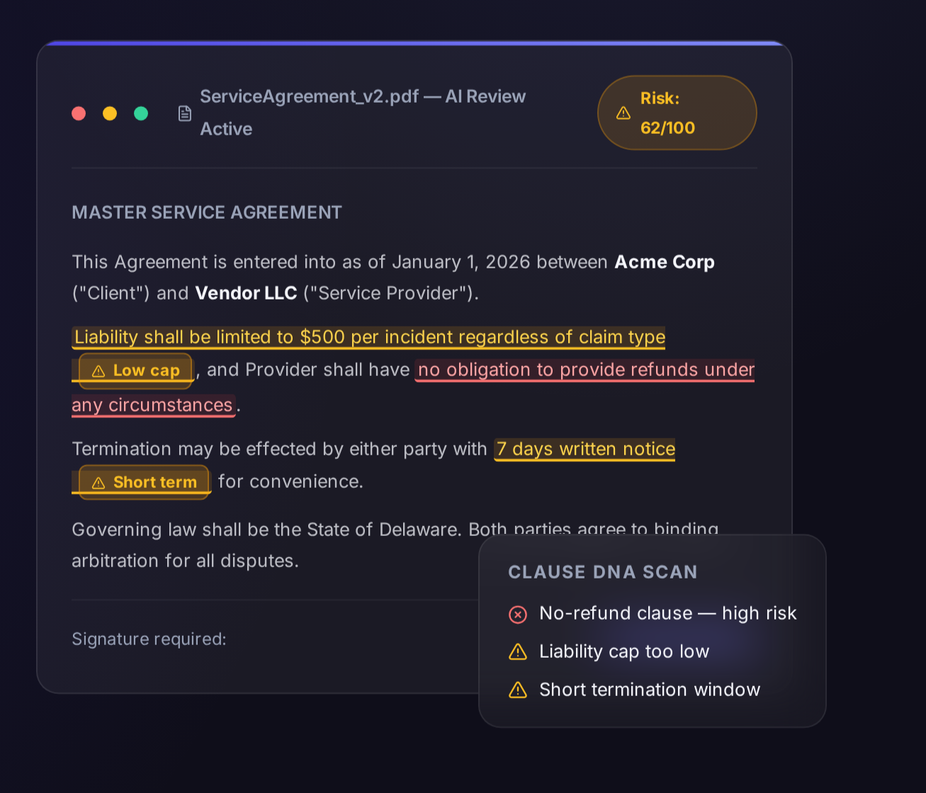 CloviLegal document view with Clause DNA scan highlighting contract risks