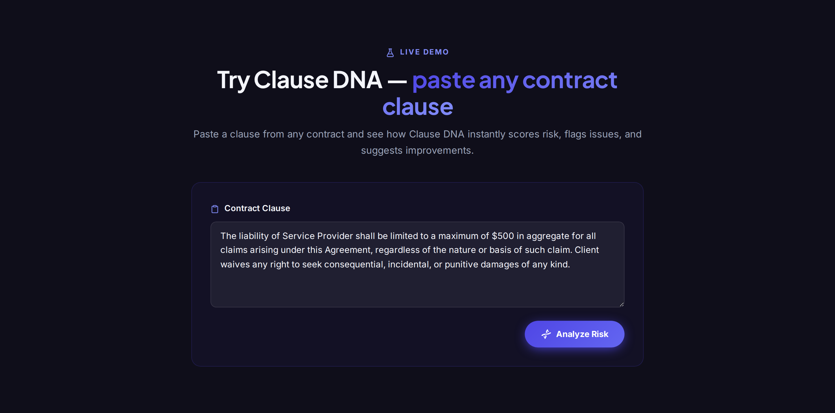 Clause DNA draft input with an Analyze Risk action
