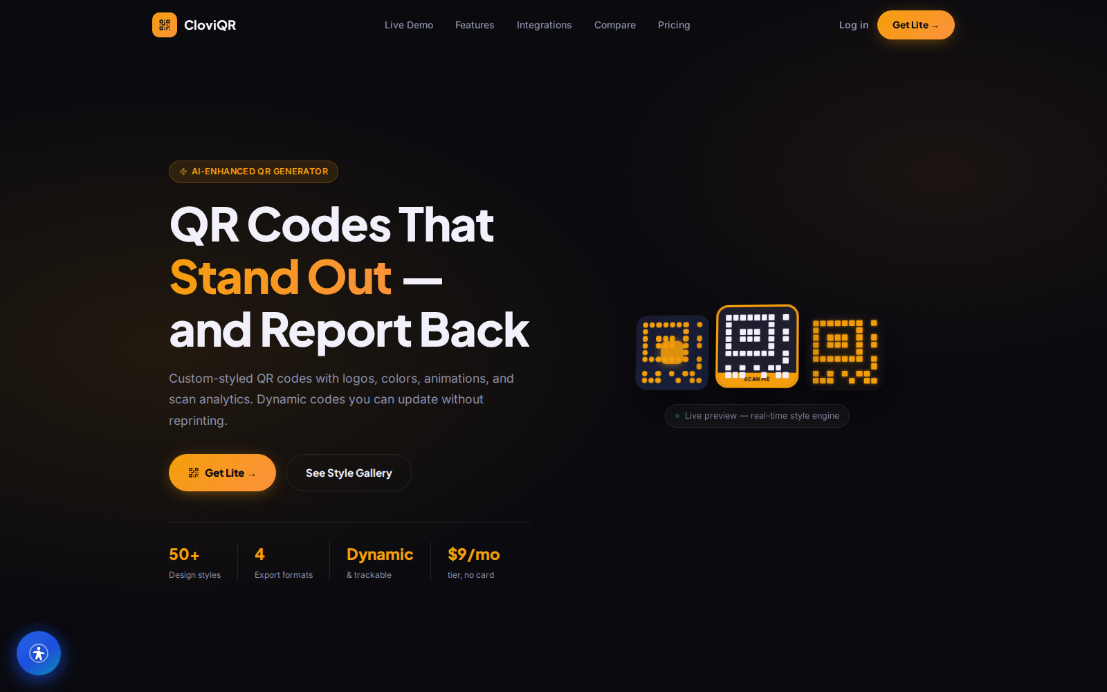 CloviQR live QR generator — paste a URL, pick a style and color, generate a print-ready code