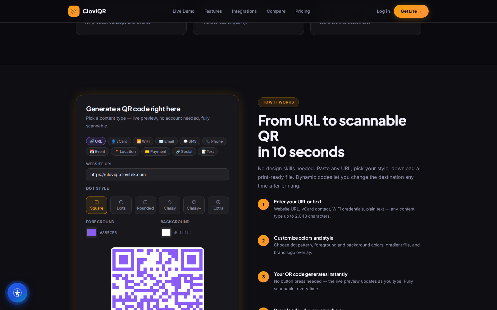 CloviQR home — QR Codes That Stand Out, with live style-engine preview of three branded codes
