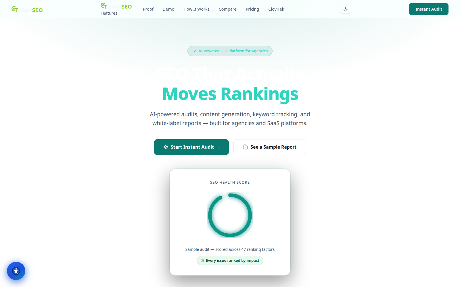 CloviSEO platform features grid covering crawl, keywords, content, competitors, reports and PageSpeed