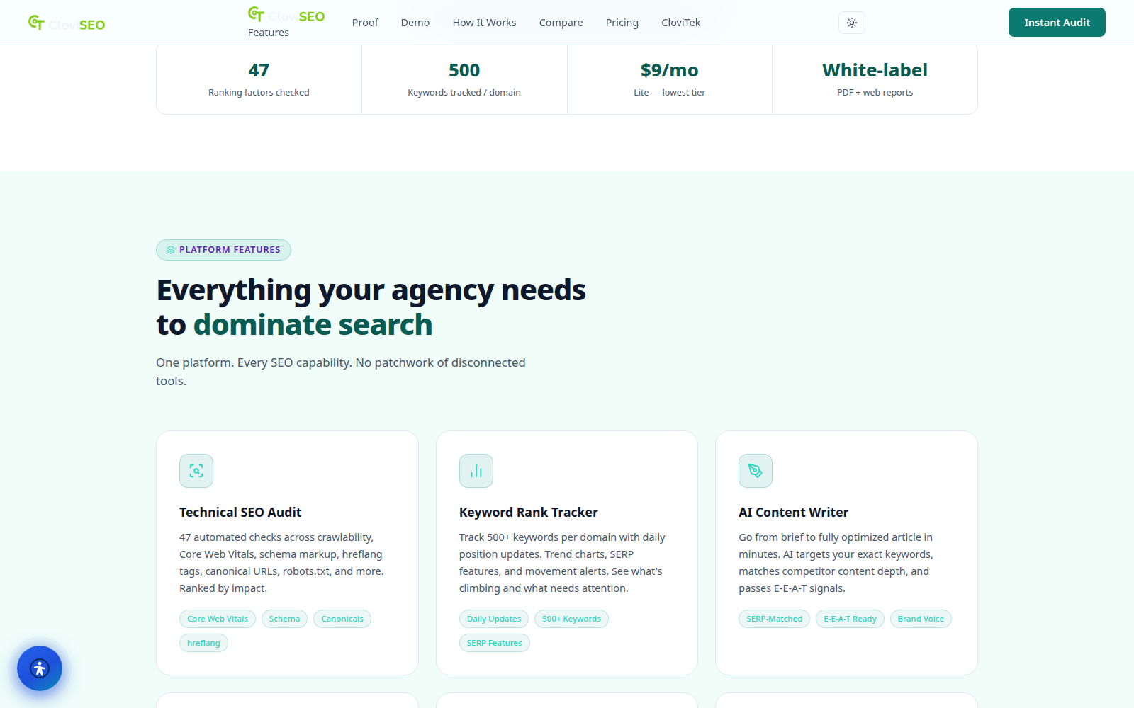 CloviSEO live demo audit runner with a domain input