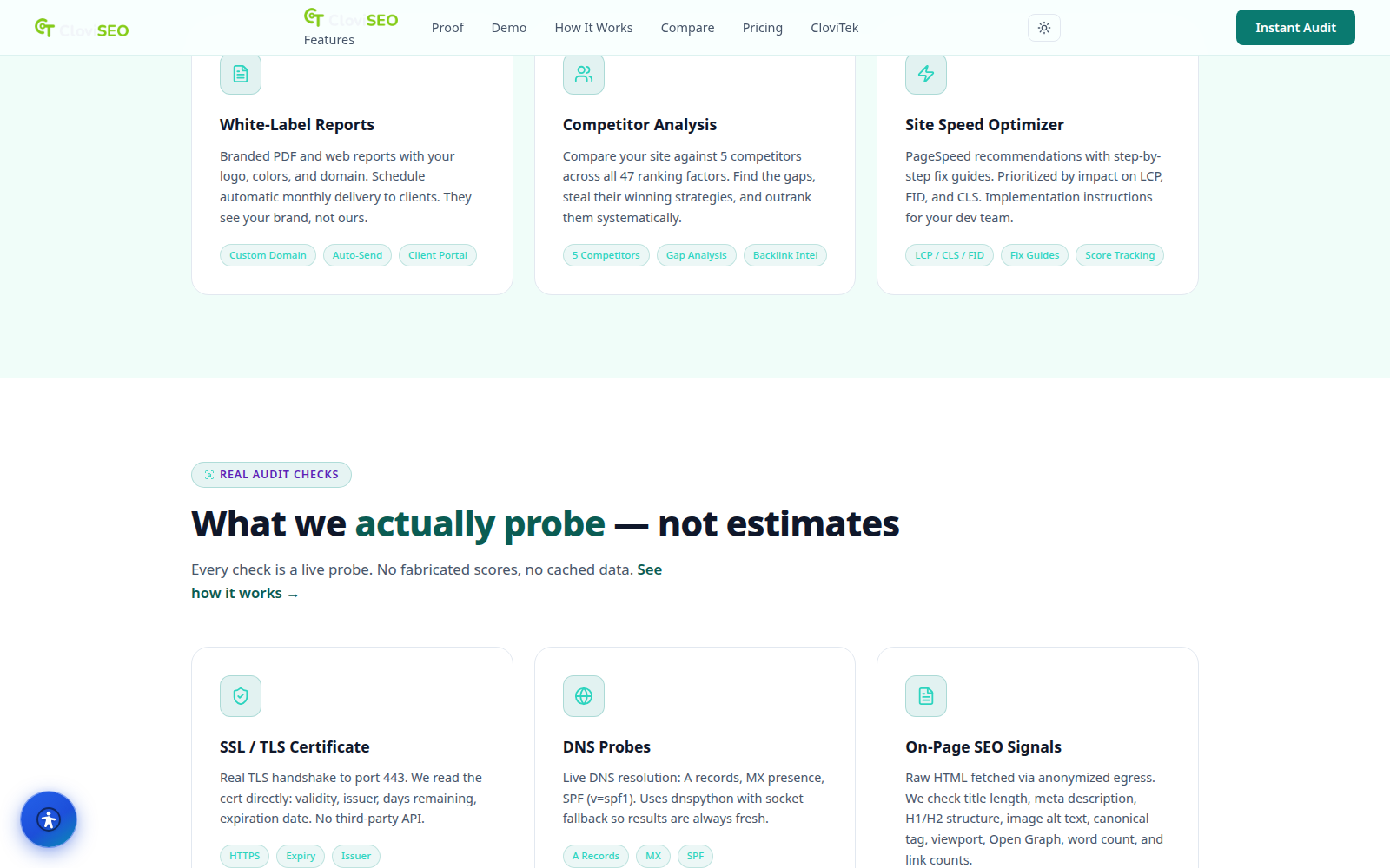 CloviSEO PageSpeed Insights scores for performance, accessibility, SEO and best practices