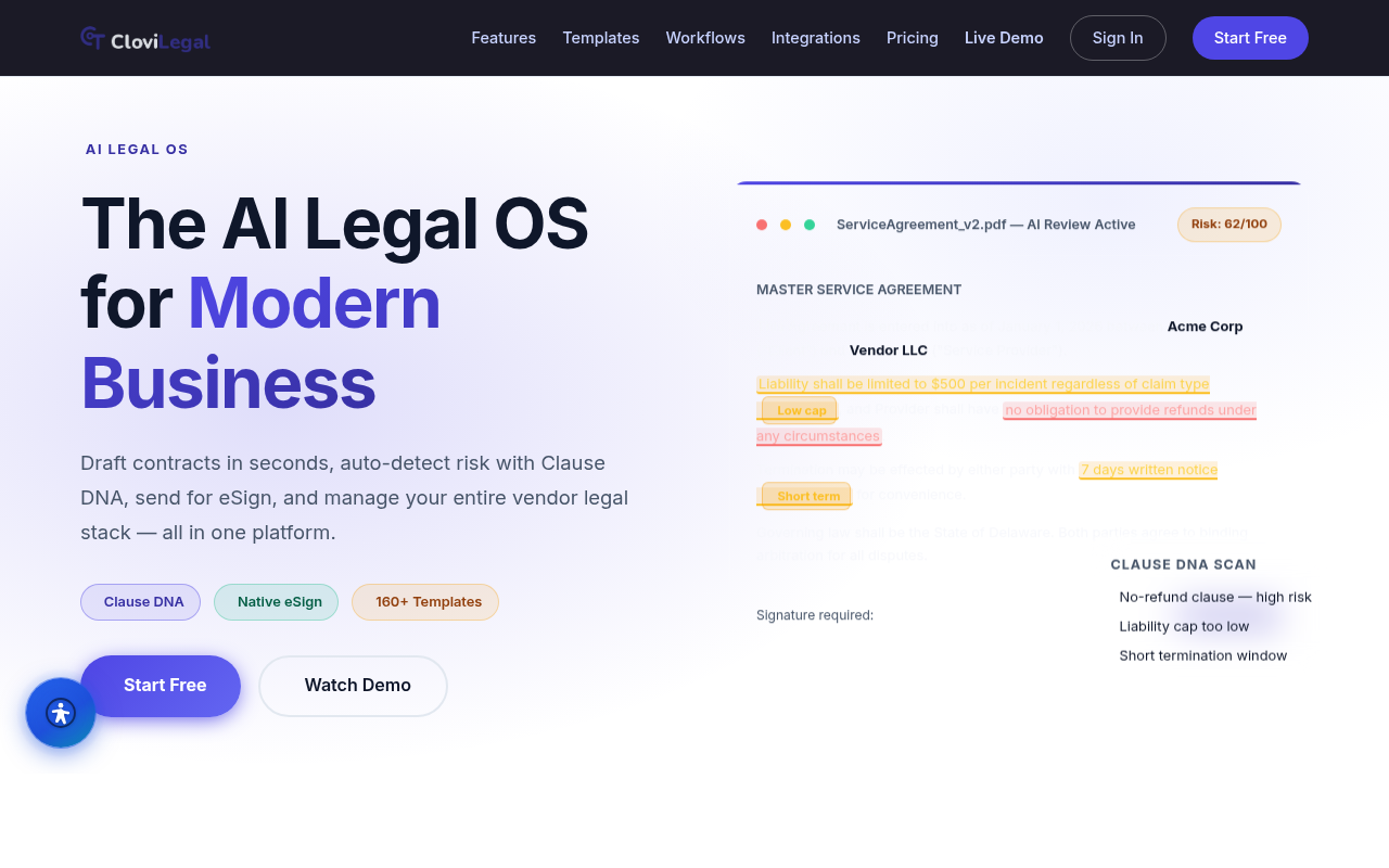 CloviLegal interface — drafts legal docs