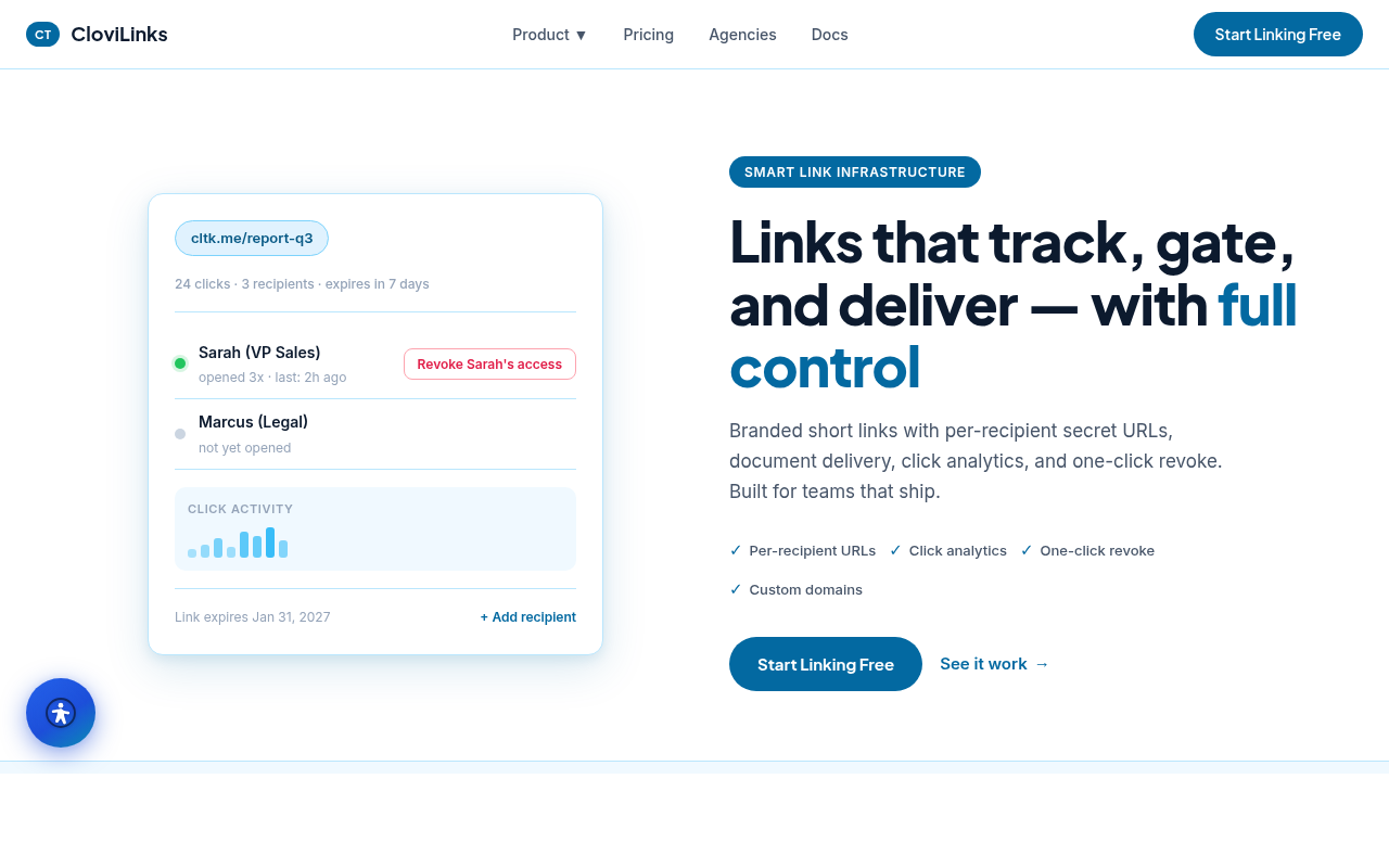 CloviLinks interface — link tools