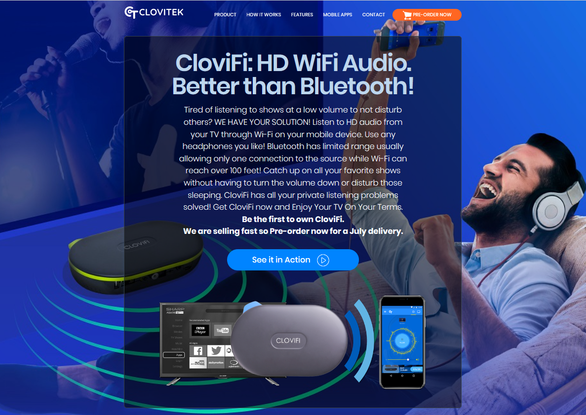 The clovitek.com 2022 homepage hero: 'CloviFi: HD WiFi Audio. Better than Bluetooth!' with the device and app shown.